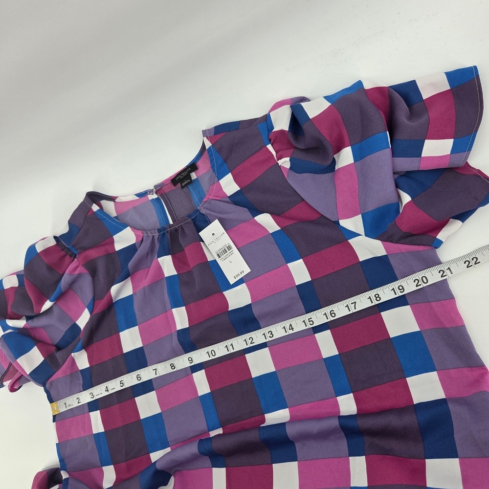 Ann Taylor Factory Dress Large Purple Plaid Flutter Sleeve Eclectic Shift - Picture 7 of 8